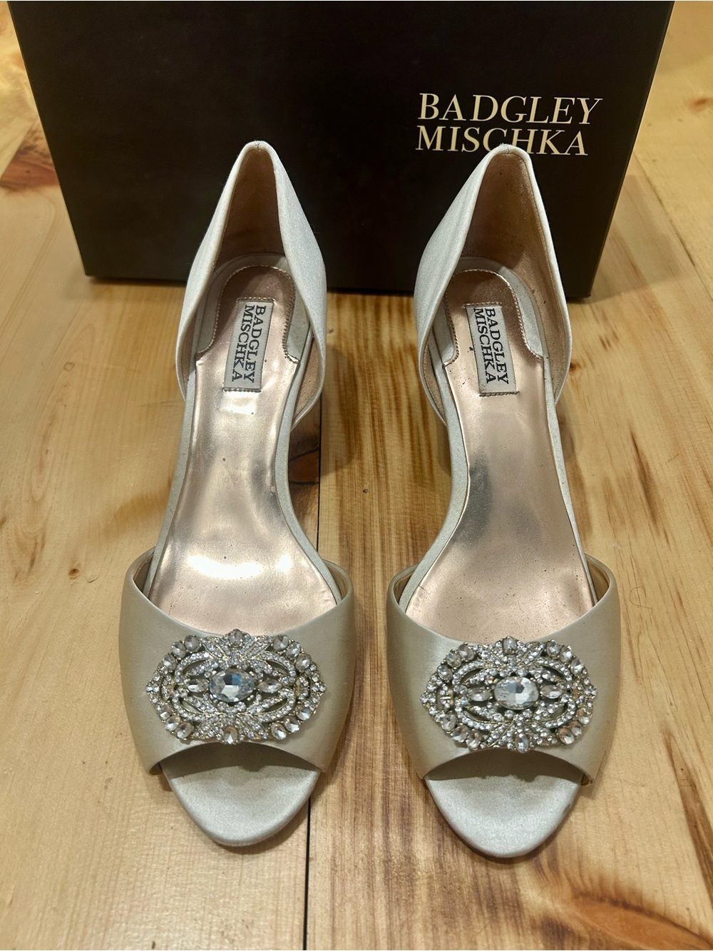 Badgley Mischka Ivory Satin Crystal-Embellished D'Orsay Heels